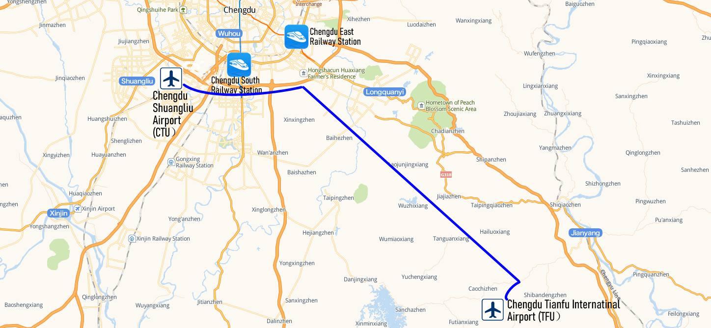 Map from Chengdu Tianfu Airport(TFU) to Chengdu Shuangliu Airport(CTU)