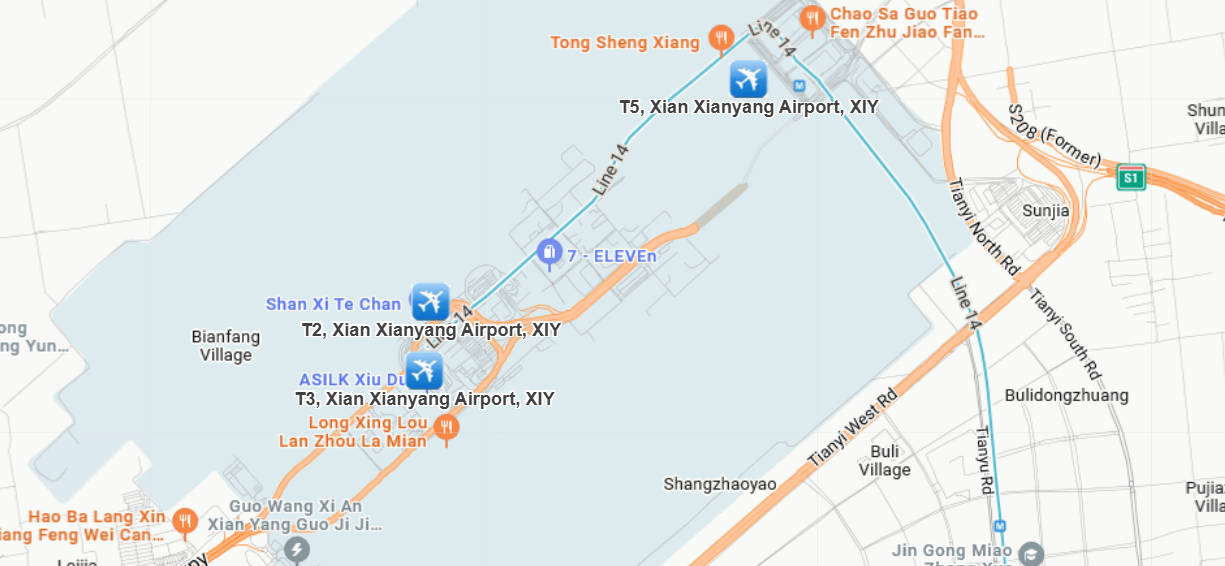 Xian Xian'yang Airport Terminal Map, T5, T2 map and location, XIY airport