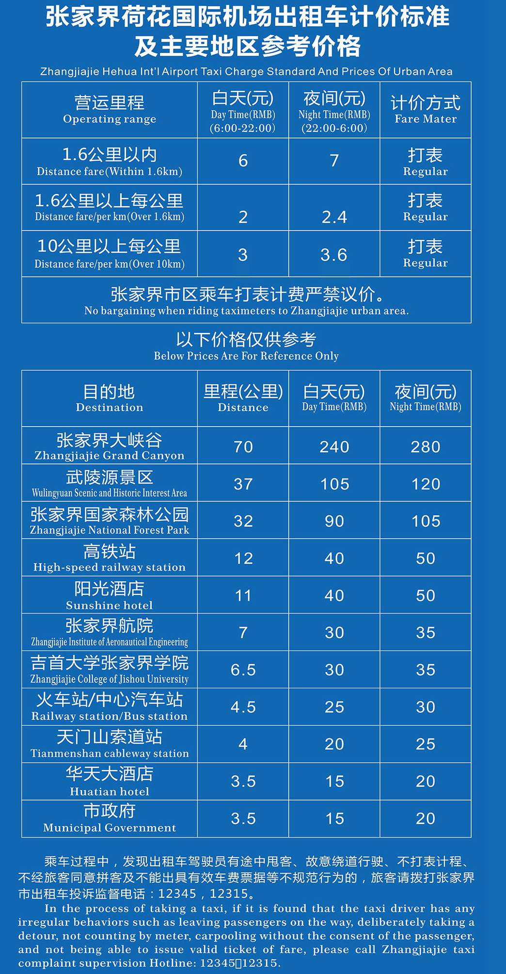 taxi charge standard to or from Zhangjiajie Hehua International Airport(DYG)