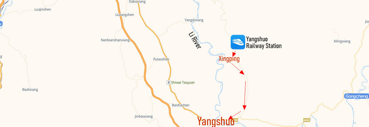 Shuttle bus map from Yangshuo Railway Station to Yangshuo